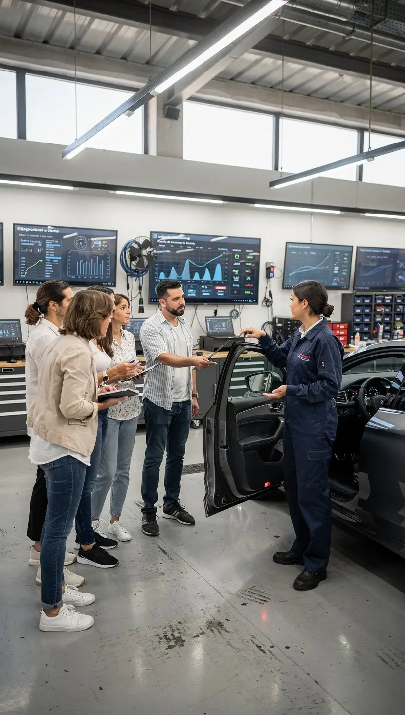 Especialista calibrando sensores de seguridad y asistencia a la conducción en un taller eléctrico automotriz.