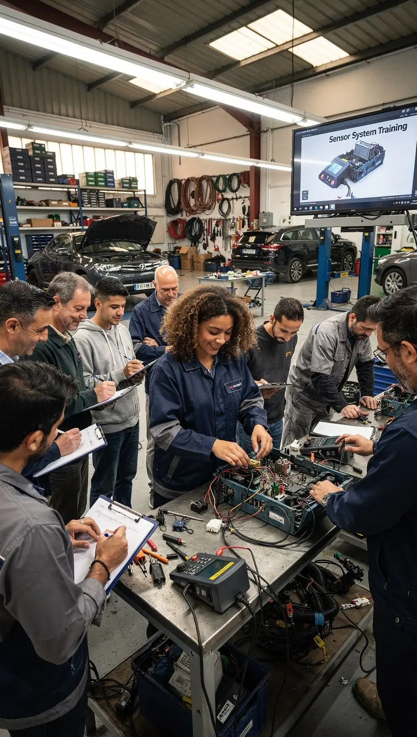 Detalle de sensores automotrices instalados en el motor, ilustrando tecnología avanzada en diagnóstico.