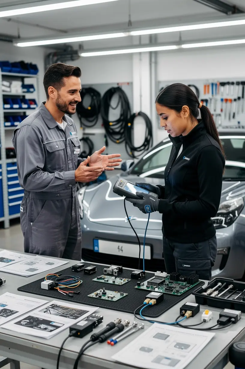 Equipo profesional utilizando herramienta de diagnóstico para detectar fallos en sistemas eléctricos del automóvil.